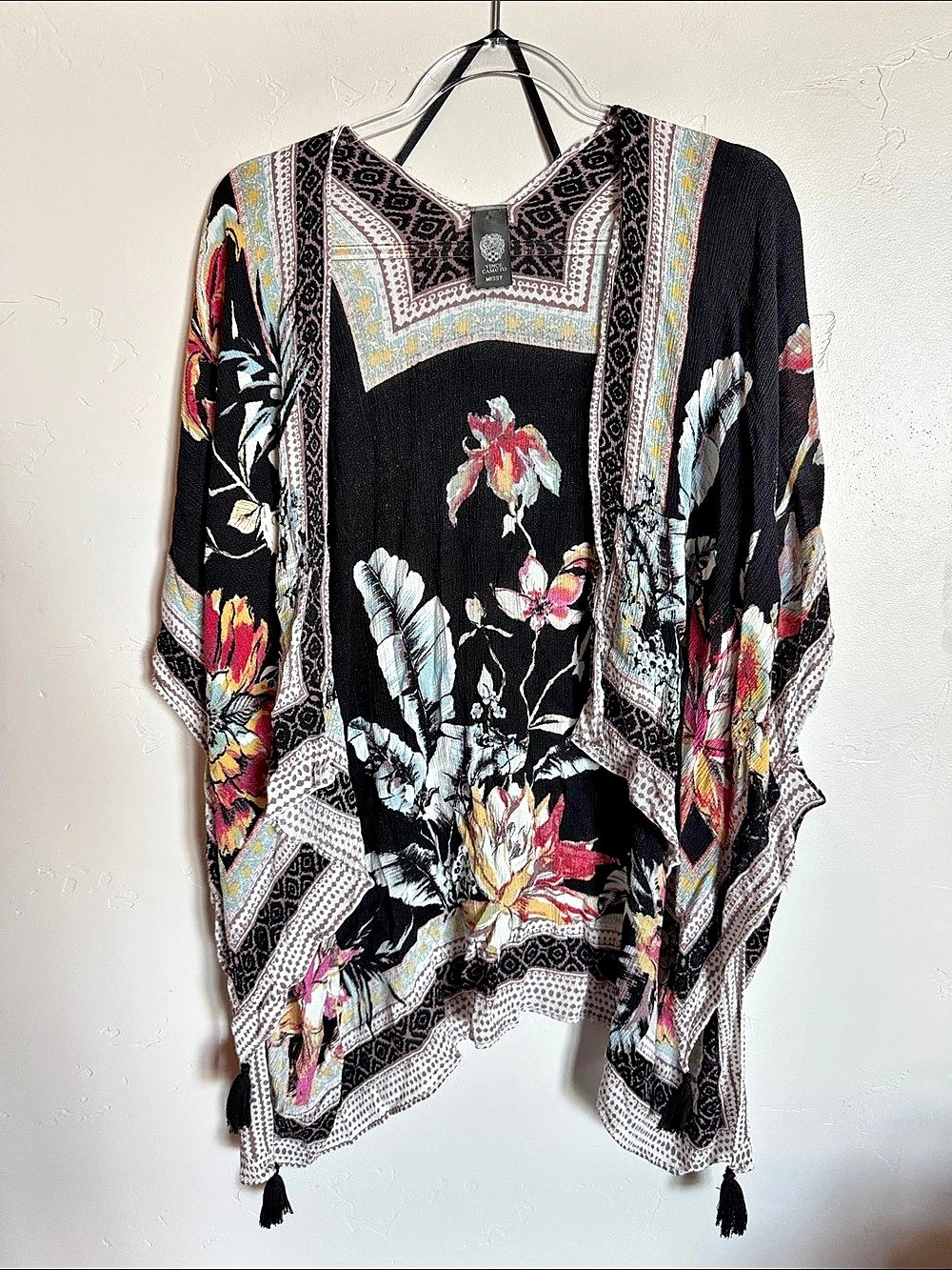 Vince Camuto Black Floral Sheer Fringe Kimono Cover-Up